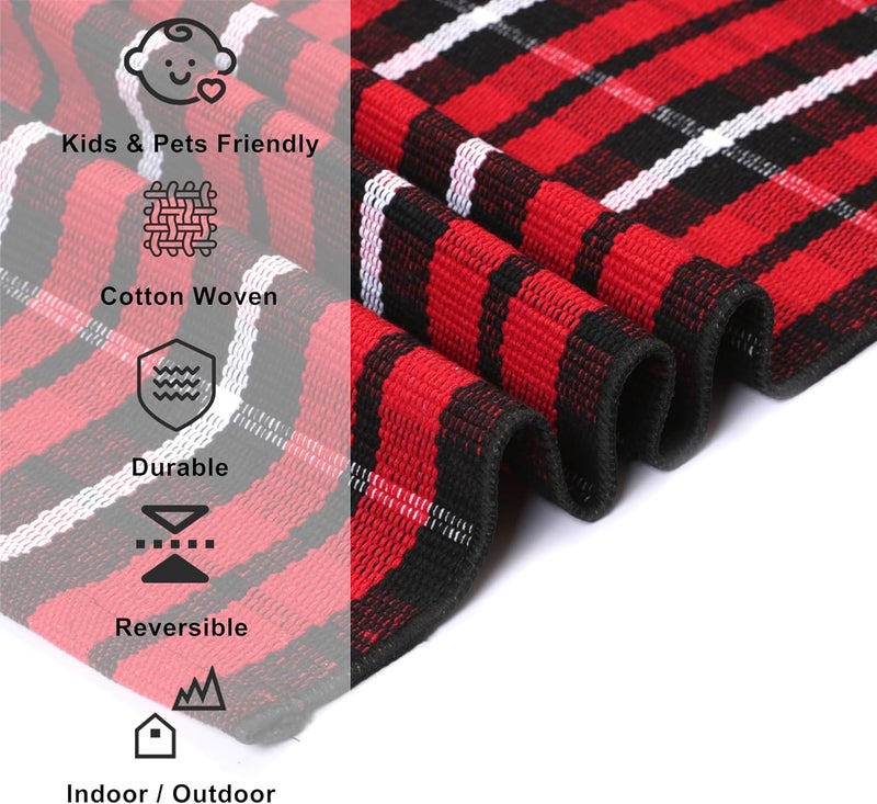 Fallovea Christmas Rugs Red and Black Plaid, 28” x 43” Area Rug Outdoor Indoor Front Porch Doormat Cotton Hand-Woven Layered Door Mats for Entryway Patio Entryway Laundry Bedroom Living Room - Image 5